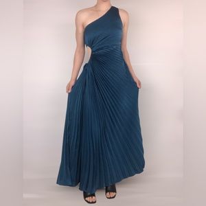 NWT Billy J‎ Laken Maxi Crinkle Cut Out One Shoulder Dress Blue Tea Size 8